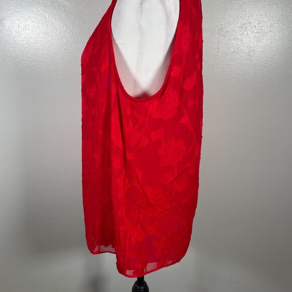 Michael Kors Blouse Top Womens Large Red Embossed Floral Shirred Neck Sleeveless - Picture 8 of 15